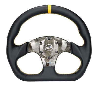 NRG Carbon Fiber Flat Bottom Steering Wheel (320mm) Yellow CF Center w/Yellow Stitch/Yellow Mark