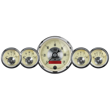 AutoMeter Gauge Kit 5 Pc. 3-3/8in. & 2-1/16in. Elec. Speedo W/Lcd Odo Prestige Antique. Ivory