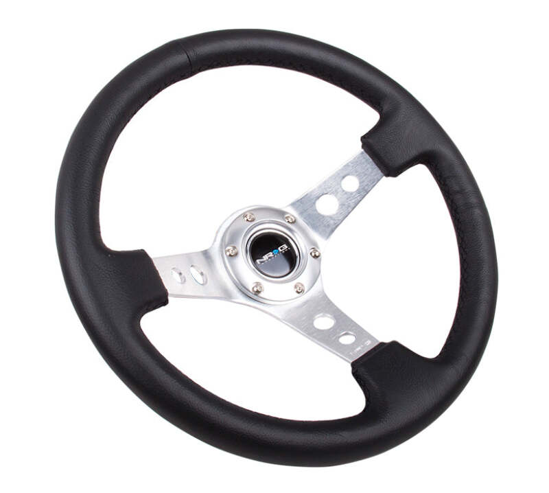 NRG Reinforced Steering Wheel (350mm/3in. Deep) White Leather w/Blk Spoke/Round Holes/White Stripes