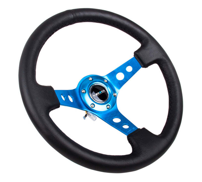 NRG Reinforced Steering Wheel (350mm/3in. Deep) White Leather w/Blk Spoke/Round Holes/White Stripes
