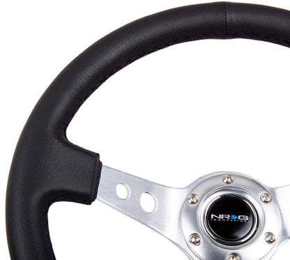 NRG Reinforced Steering Wheel (350mm/3in. Deep) White Leather w/Blk Spoke/Round Holes/White Stripes