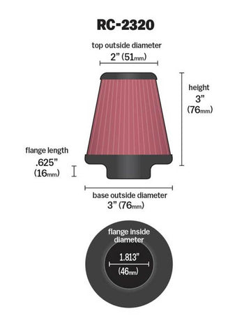 K&N Universal Air Filter 1-13/16in FLG / 3in Bottom / 2in Top / 3in Height