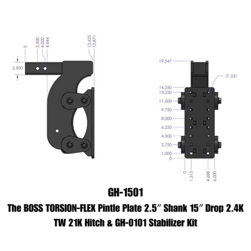 Gen-Y The Boss Torsion-Flex Pintle Plate 2.5in Shank 15in Drop 21K Hitch w/GH-0100 Stabilizer Kit