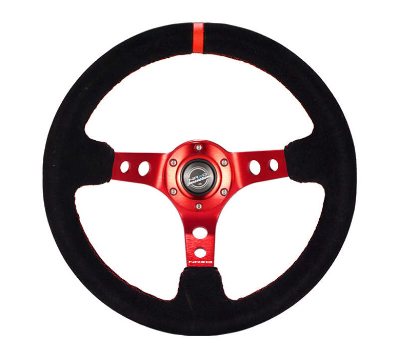 NRG Reinforced Steering Wheel (350mm / 3in. Deep) Blk Leather/Red Stitch w/Red Spoke