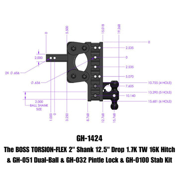 Gen-Y The Boss Torsion-Flex 2in Shank 12.5in Drop 16K Hitch w/GH-051 Dual-Ball/Pintle Lock/Stab Kit