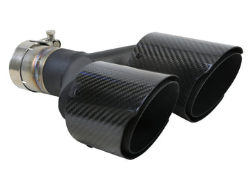 aFe Takeda 2.5in 304 Stainless Steel Clamp-on Exhaust Tip Driver side 2.5in Inlet 4in Dual-Carbon