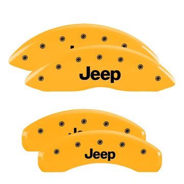 MGP 4 cubiertas de pinza grabadas delanteras y traseras 11-15 Jeep Grand Cherokee acabado amarillo logotipo Jeep negro