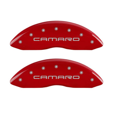 MGP 4 Caliper Covers Engraved Front Gen 4/Camaro Engraved Rear Gen 4/Z28 Red finish silver ch