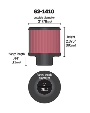K&amp;N 1 pulgada ID 3 pulgadas OD 2.375 pulgadas H Filtro de ventilación del cárter con base de goma
