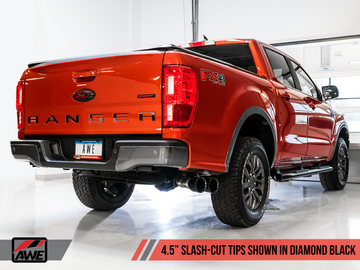 AWE Tuning 2019+ Ford Ranger 0FG Sistema de escape de alto rendimiento con puntas en color negro diamante y protector contra rocas