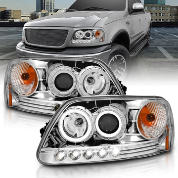 ANZO 1997.5-2003 Ford F-150 Faros delanteros proyectores con halo y LED cromados 1 pieza