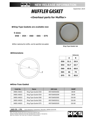 Junta de silenciador HKS, 60,8 mm de diámetro interior, 68,8 mm de diámetro exterior