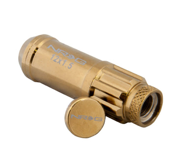 NRG 700 Series M12 X 1.5 Juego de tuercas de acero con tapa antipolvo, 21 piezas con cerraduras y casquillo, color dorado cromado