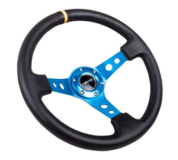 Volante reforzado NRG (350 mm / 3 pulgadas de profundidad) de cuero negro con radio recortado azul y CM amarillo único