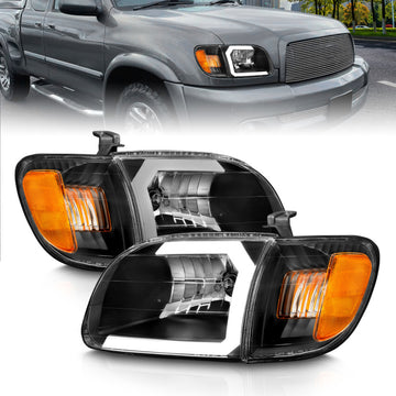 ANZO 00-04 Toyota Tundra (solo compatible con cabina Reg/Acc) Faros delanteros de cristal con barra de luz negra con luz de esquina