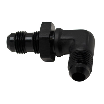 DeatschWerks Adaptador de mamparo macho Flare 6AN a macho 6AN de 90 grados, anodizado negro mate