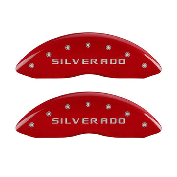 Cubiertas de pinza MGP 4 grabadas delanteras y traseras Silverado Acabado en rojo plata ch