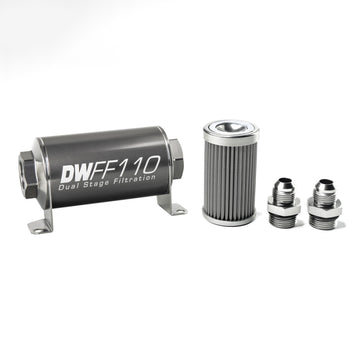 DeatschWerks Kit de carcasa de filtro de combustible en línea universal de acero inoxidable 8AN 100 micrones (110 mm)