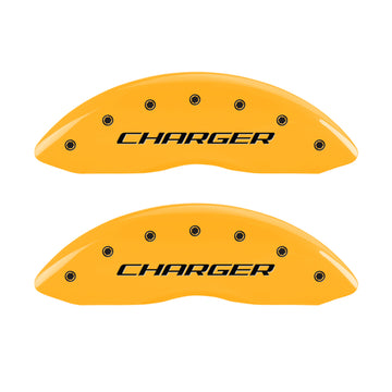 MGP 4 Caliper Covers Engraved Front Charger Engraved Rear RT Yellow finish black ch