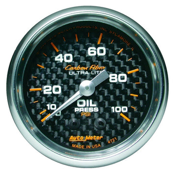 Autometer Fibra de Carbono 52mm 100 PSI Medidor de Presión de Aceite Mecánico