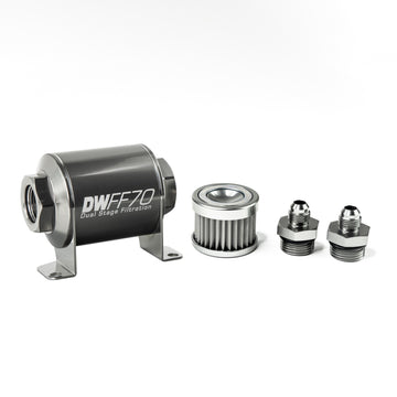 DeatschWerks Kit de carcasa de filtro de combustible en línea universal de acero inoxidable 6AN 5 micrones (70 mm)
