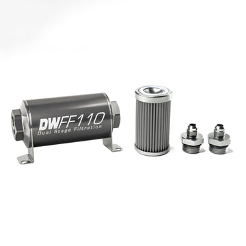 DeatschWerks Kit de carcasa de filtro de combustible en línea universal de acero inoxidable 6AN 100 micrones (110 mm)