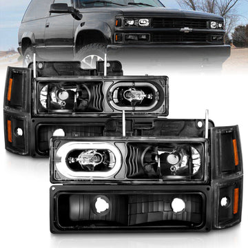 ANZO 88-98 Chevrolet C1500 Faros delanteros de cristal con carcasa negra con luces de señal y marcador laterales