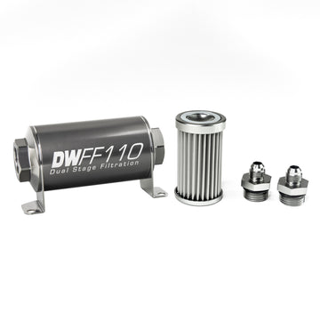 DeatschWerks Kit de carcasa de filtro de combustible en línea universal de acero inoxidable 6AN 5 micrones (110 mm)