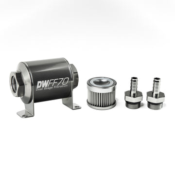 DeatschWerks Kit de carcasa de filtro de combustible en línea universal de acero inoxidable de 3/8 pulgadas y 10 micrones (70 mm)