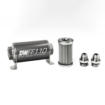 DeatschWerks Kit de carcasa de filtro de combustible en línea universal de acero inoxidable 8AN 5 micrones (110 mm)
