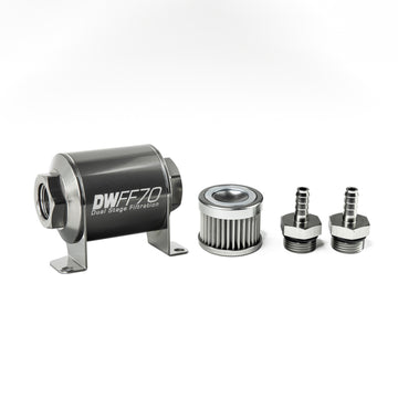 DeatschWerks Kit de carcasa de filtro de combustible en línea universal de acero inoxidable de 5/16 pulgadas y 10 micrones (70 mm)