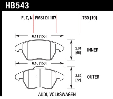 Pastillas de freno delanteras Hawk Audi A3/TT / VW EOS / Golf / Jetta / Passat / Rabbit DTC-60