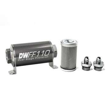 DeatschWerks Kit de carcasa de filtro de combustible en línea universal de acero inoxidable 6AN 10 micrones (110 mm)