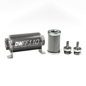 DeatschWerks Kit de carcasa de filtro de combustible en línea universal de acero inoxidable de 5/16 pulgadas y 10 micrones (110 mm)