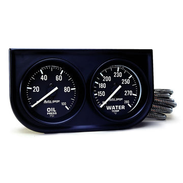 Autometer AutoGage Consola de dos calibres Mecánico de 52,4 mm, presión de aceite de 0-100 PSI/temperatura del agua de 130-280 grados, color negro